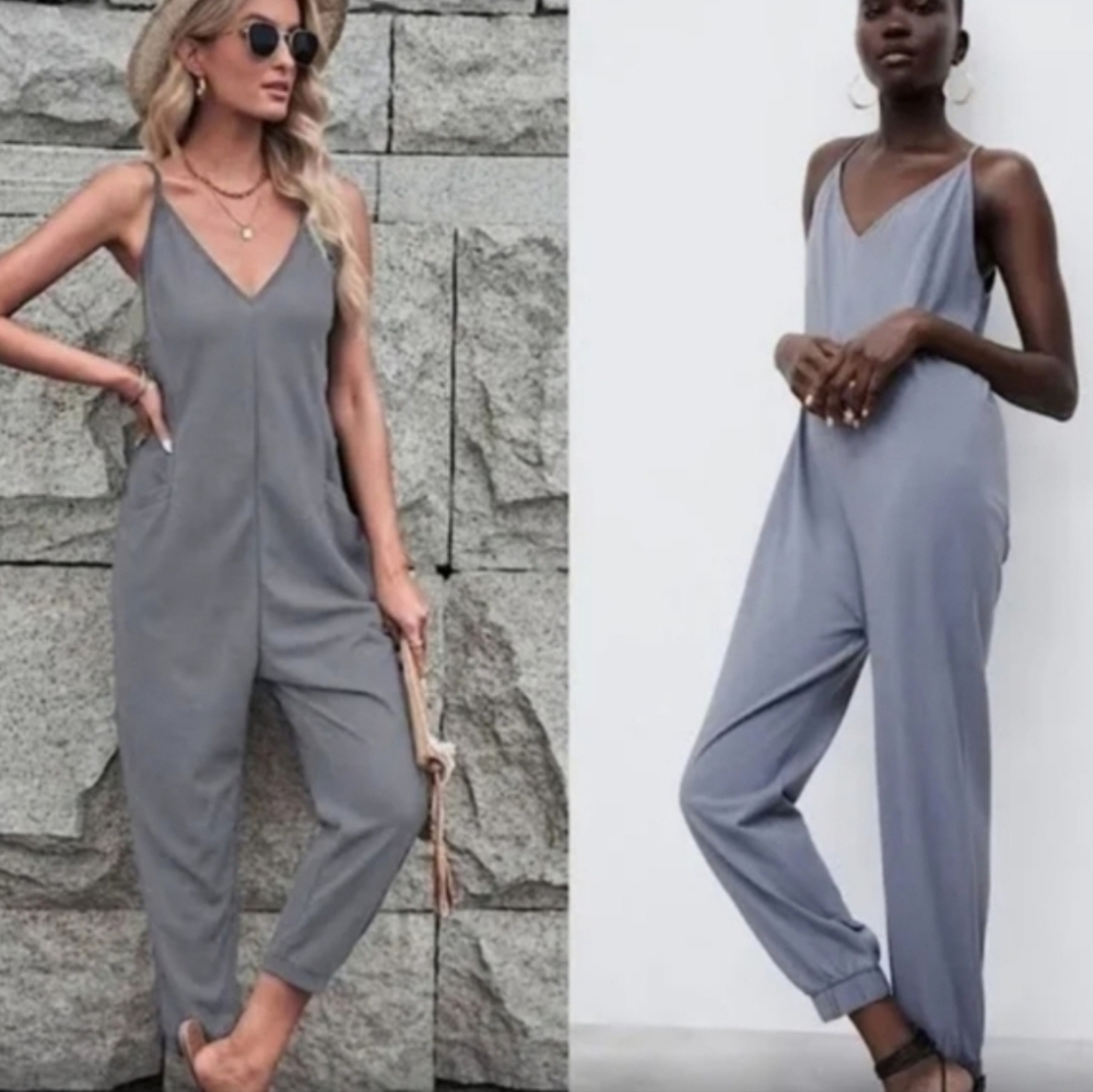Zara Grey Spaghetti Straps V-Neck Jumpsuit